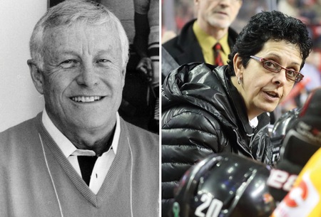 Former Alberta men's hockey head coach Clare Drake (left) and current Calgary women's hockey head coach Danielle Goyette (right) have been named to the 2017 HHOF class.