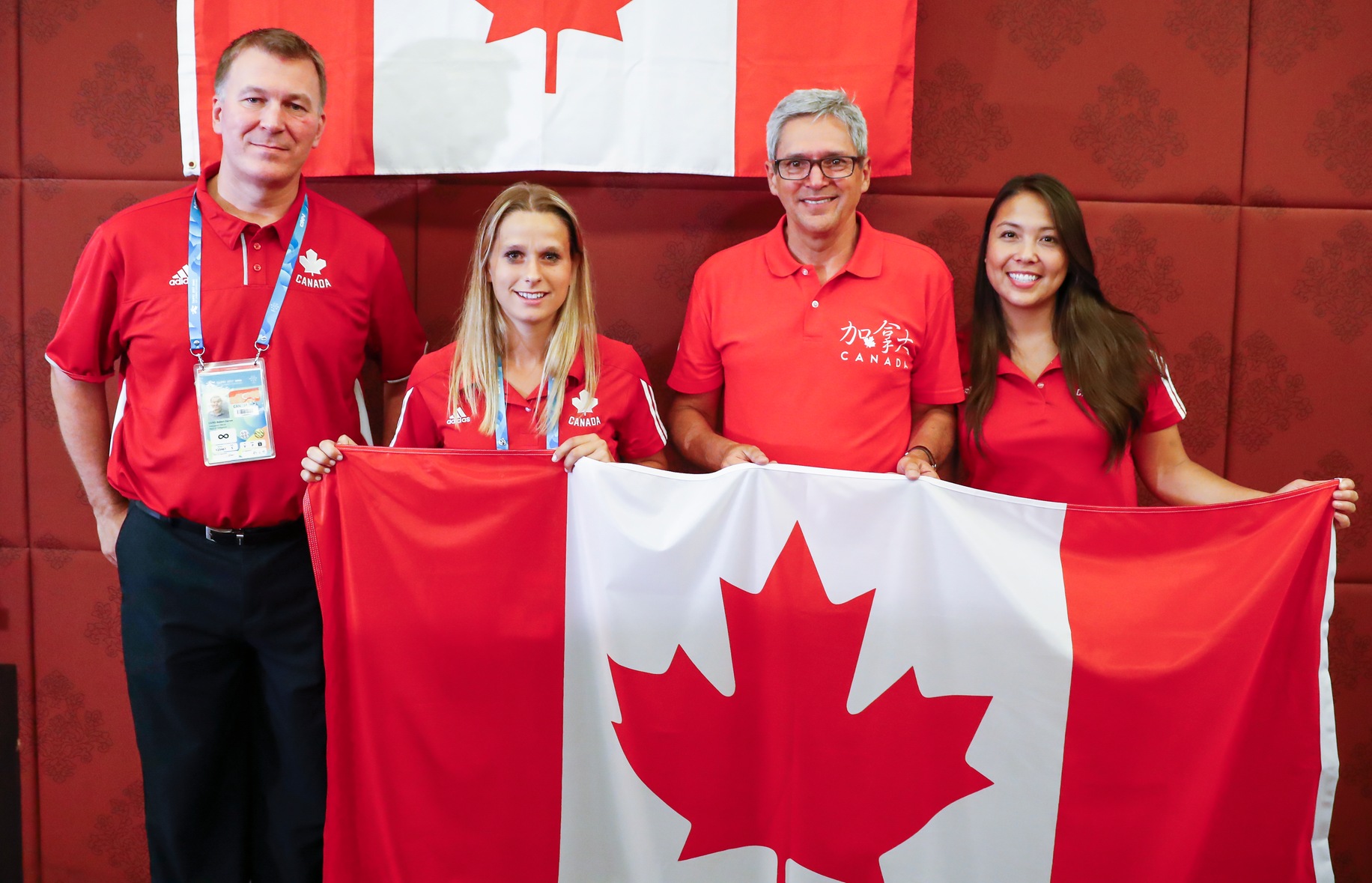 From left to right: Team Canada head of delegation Darren Cates, Team Canada flag bearer Arielle Roy-Petitclerc, Executive director to the Canadian Trade Office in Taipei Mr. Mario Ste-Marie, Team Canada Deputy head of delegation Lia Taha Cheng.