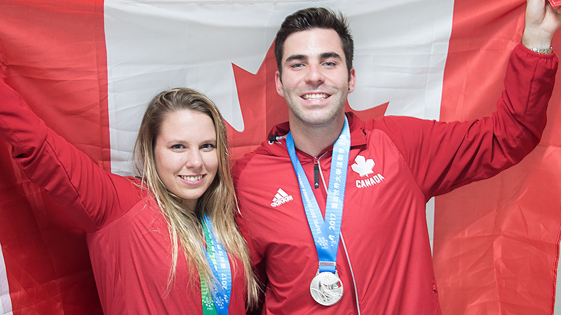 Christopher Cameron / Celina Toth and Tyler Henschel pose with their medals at the 2017 Summer Universiade in Taipei. The duo won the mixed team event to wrap up the diving competition in Taipei.